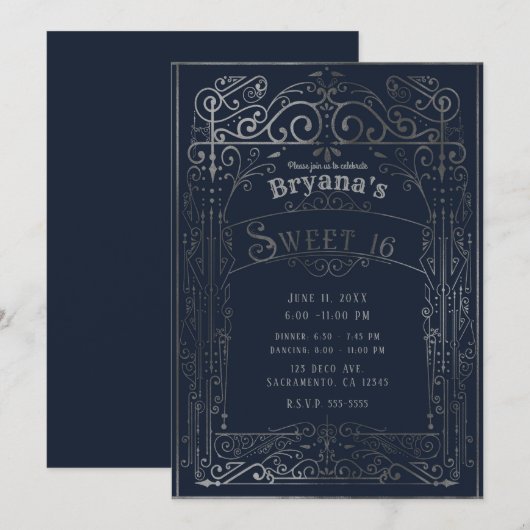 Navy Blue & Silver Victoriaans Deco Sweet 16 Kaart (Voorkant / Achterkant)