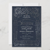 Navy Blue & Silver Victoriaans Deco Wedding Kaart (Voorkant)