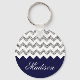Navy Blue Silvery Glitter Chevron Pattern Sleutelhanger