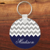 Navy Blue Silvery Glitter Chevron Pattern Sleutelhanger (Voorkant)