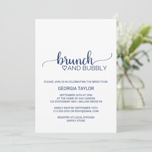Navy Blue Simple Calligraphy Brunch en Bubble Kaart (Staand voorkant)