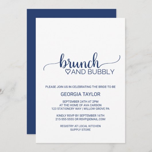 Navy Blue Simple Calligraphy Brunch en Bubble Kaart (Voorkant / Achterkant)