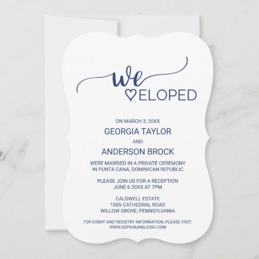 Navy Blue Simple Calligraphy Elopement Reception Kaart (Voorkant)