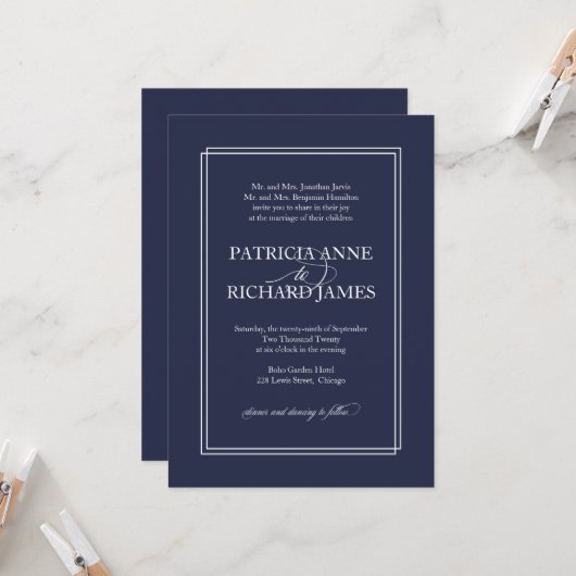 Navy Blue Simple Elegant Formal Wedding Invitation Kaart (Voorkant / Achterkant in situ)