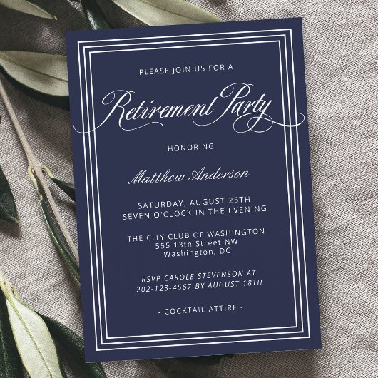 Navy Blue Simple Elegant Retirement Party Kaart