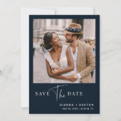 Navy Blue Simple Modern Script Weduwfoto Save The Date (Voorkant)