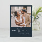Navy Blue Simple Modern Script Weduwfoto Save The Date (Staand voorkant)