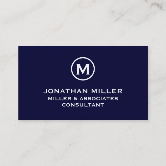 Navy Blue Simple Monogram Visitekaartje (Voorkant)