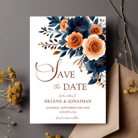 Navy Blue Sinaasappel Boho Garden Elegante bruilof Save The Date