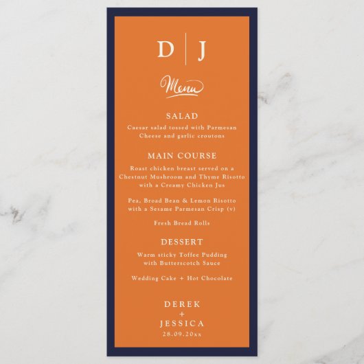 Navy Blue Sinaasappel & Cream Elegant Luxe Huwelij Menu (Voorkant)