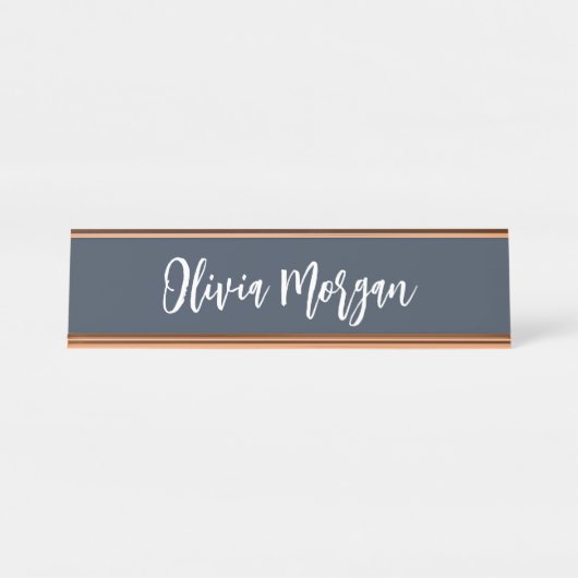 Navy Blue Sketched Cursive Script Bureau Naambordje (Voorkant)