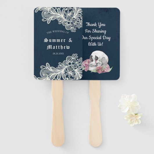 Navy Blue Skull roze Roses Lace Gothic Wedding Handwaaier (Voorkant en achterkant)