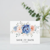 Navy Blue Slate Dusty Blush Floral Save the date Briefkaart (Staand voorkant)