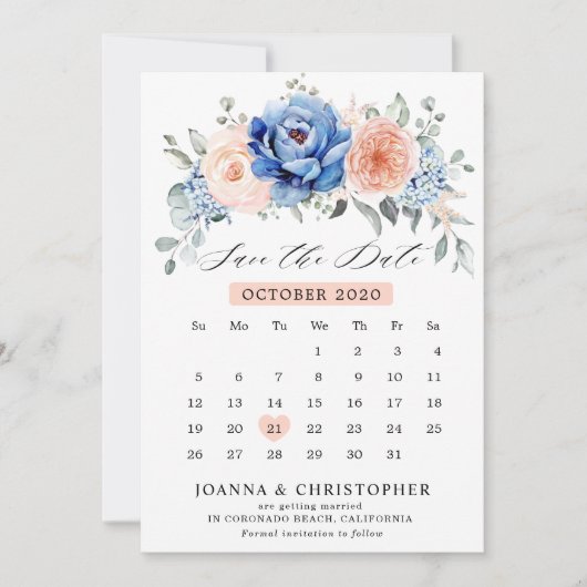 Navy Blue Slate Dusty Blush-kalender Bewaar datum Save The Date (Voorkant)