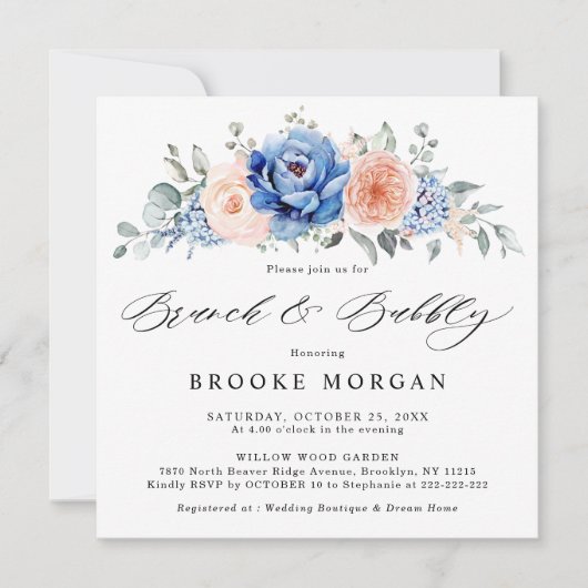 Navy Blue Slate Dusty Blush Pink Brunch & Bubble Kaart (Voorkant)