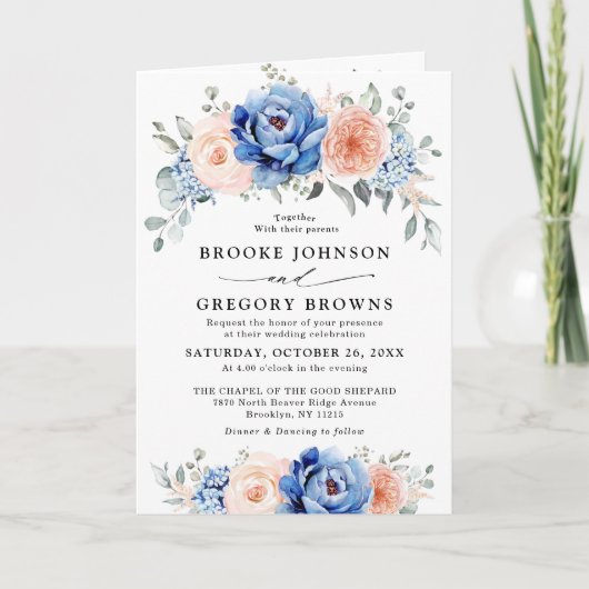 Navy Blue Slate Dusty Blush Pink Floral Wedding (Voorkant)