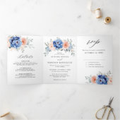 Navy Blue Slate Dusty Blush Pink Floral Wedding Drieluik Aankondiging (Binnen)