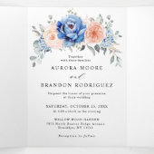 Navy Blue Slate Dusty Blush Pink Floral Wedding Drieluik Aankondiging (Binnenkant midden)