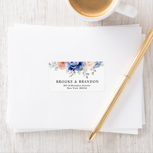 Navy Blue Slate Dusty Blush Pink Floral Wedding Etiket (Insitu)