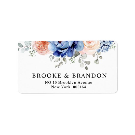 Navy Blue Slate Dusty Blush Pink Floral Wedding Etiket (Voorkant)