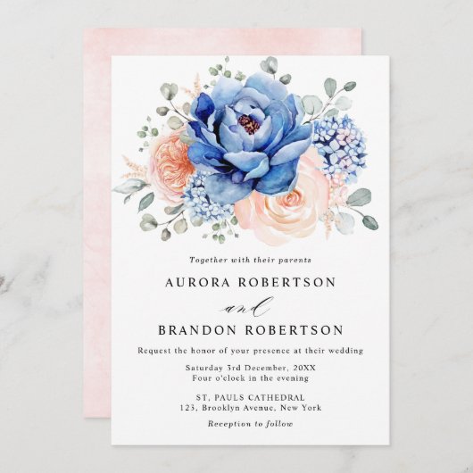 Navy Blue Slate Dusty Blush Pink Floral Wedding Kaart (Voorkant / Achterkant)