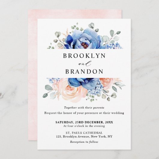 Navy Blue Slate Dusty Blush Pink Floral Wedding Kaart (Voorkant / Achterkant)