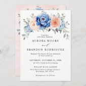 Navy Blue Slate Dusty Blush Pink Floral Wedding Kaart (Voorkant / Achterkant)