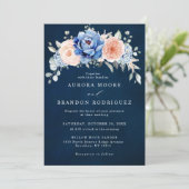 Navy Blue Slate Dusty Blush Pink Floral Wedding Kaart (Staand voorkant)
