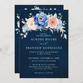 Navy Blue Slate Dusty Blush Pink Floral Wedding Kaart (Voorkant / Achterkant)