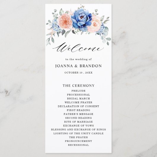 Navy Blue Slate Dusty Blush Pink Floral Wedding Programma (Voorkant)