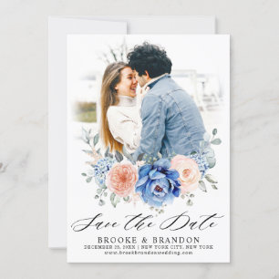 Navy Blue Slate Dusty Blush Pink Floral Wedding Save The Date