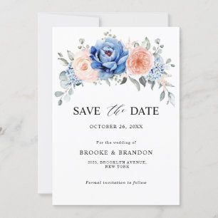 Navy Blue Slate Dusty Blush Pink Floral Wedding Save The Date
