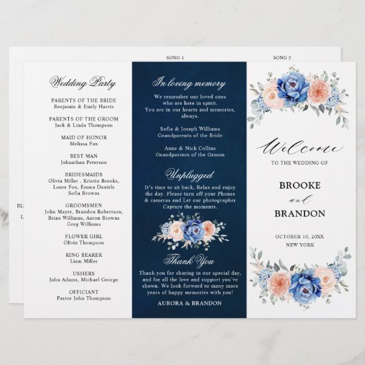 Navy Blue Slate Dusty Blush Pink Wedding Program (Voorkant / Achterkant)