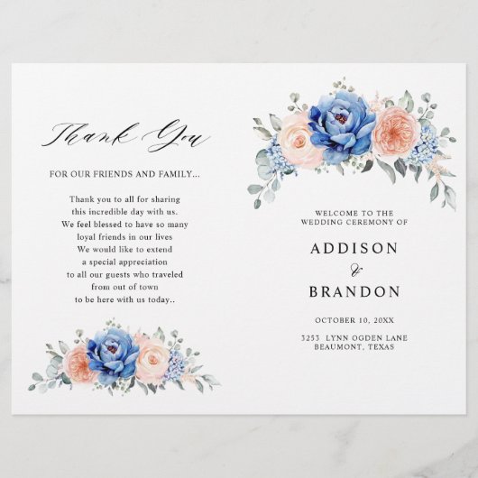 Navy Blue Slate Dusty Blush Pink Wedding Programme (Voorkant)