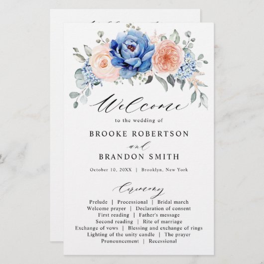 Navy Blue Slate Dusty Blush Pink Wedding Programme (Voorkant / Achterkant)