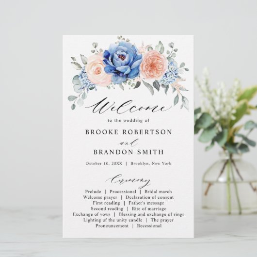 Navy Blue Slate Dusty Blush Pink Wedding Programme (Staand voorkant)