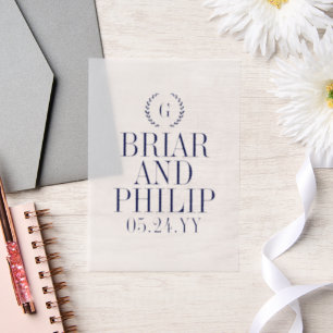 Navy Blue Slender Laurel Krans Monogram Huwelijk Vellum Uitnodigingen