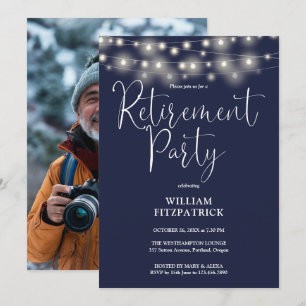 Navy Blue Slingerlichten Foto Pensioenfeest Kaart