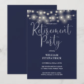 Navy Blue Slingerlichten Script Retireerfeest Kaart (Voorkant / Achterkant)