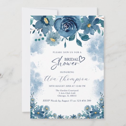 Navy Blue Smoke Floral Bridal Shower Invitation (Devant)