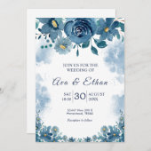 Navy Blue Smoke Floral Wedding Invitation Kaart (Voorkant / Achterkant)