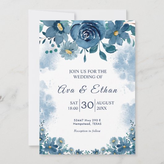 Navy Blue Smoke Floral Wedding Invitation Kaart (Voorkant)