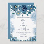 Navy Blue Smoke Floral Wedding Invitation Kaart (Voorkant / Achterkant)
