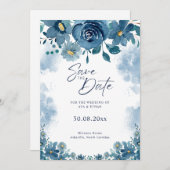 Navy Blue Smoke Floral Wedding Save The Date Kaart (Voorkant / Achterkant)
