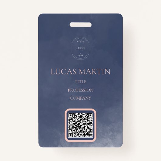 Navy Blue Smokey QR code Employee Name Badge (Voorkant)