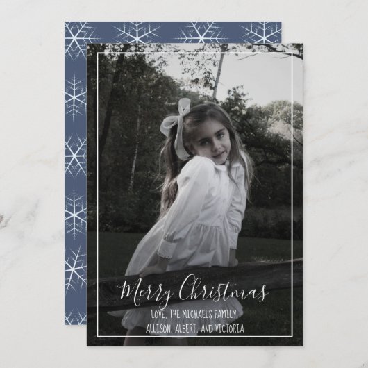 Navy Blue Snowflake 1-foto Feestdagenkaart (Voorkant / Achterkant)