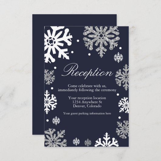 Navy Blue Snowflakes Winter Weddenschap Informatiekaartje (Voorkant / Achterkant)