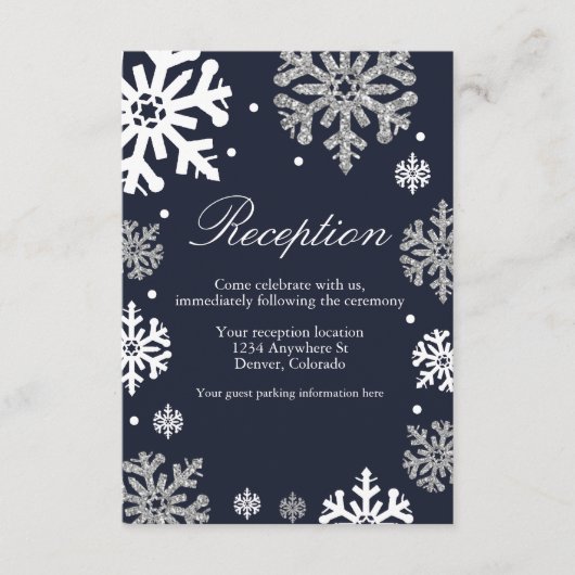Navy Blue Snowflakes Winter Weddenschap Informatiekaartje (Voorkant)