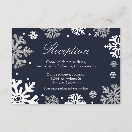 Navy Blue Snowflakes Winter Weddenschap Informatiekaartje (Voorkant)