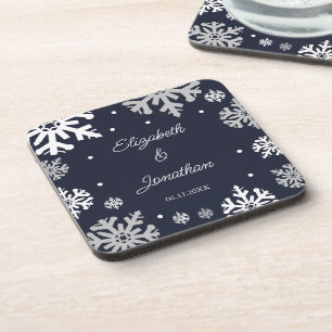Navy Blue Snowflakes Winter Wedding Bier Onderzetter